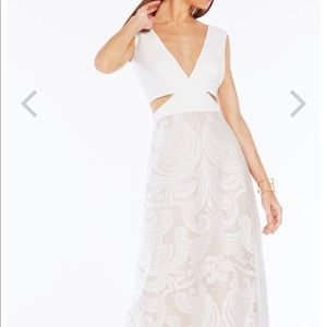 Floor length white BCBG lace detail gown